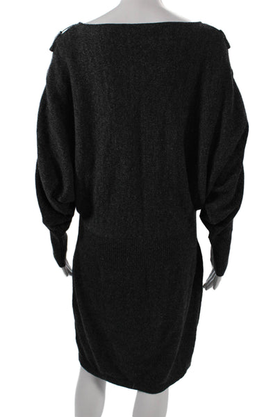 Qi Cashmere Women Sweater Dress Gray Boat Neck Long Sleeve Size S