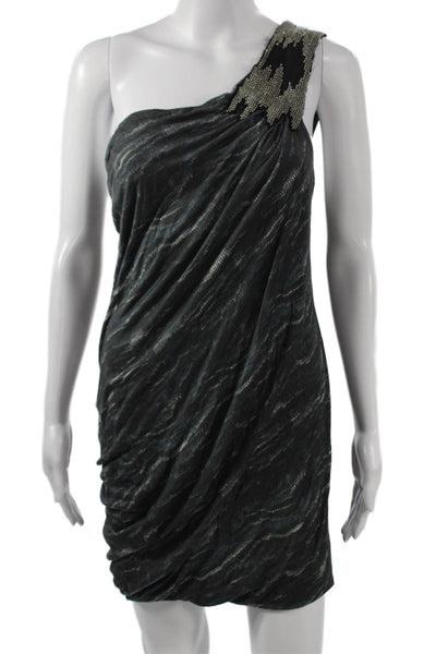 Cut25 Women Sheath Dress Black Striped One Shoulder Sleeveless Short Size S