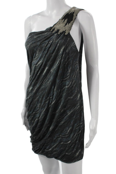 Cut25 Women Sheath Dress Black Striped One Shoulder Sleeveless Short Size S