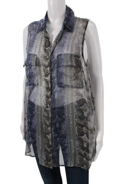 Equipment Femme Women Silk Animal Print Collared Sleeveless Tunic Button Size M