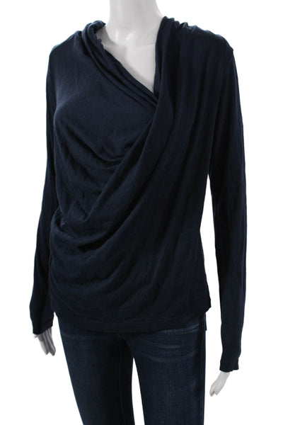 Lilla P Women Blue Cowl Neck Long Sleeve Pima Cotton Basic Blouse Size M