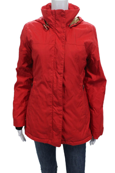 Post Card Womens Rain Coat Red Nylon Snap Long Sleeve Size 6