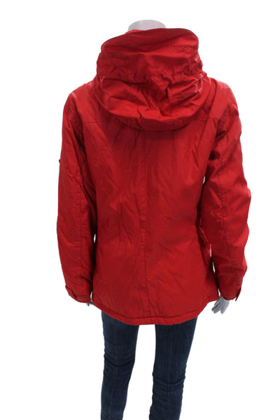 Post Card Womens Rain Coat Red Nylon Snap Long Sleeve Size 6