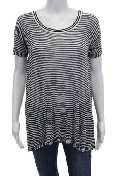 Autumn Cashmere Women Tunic Striped Blue Viscose Short Sleeve Round Neck Size S
