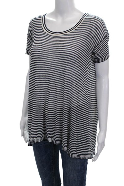 Autumn Cashmere Women Tunic Striped Blue Viscose Short Sleeve Round Neck Size S