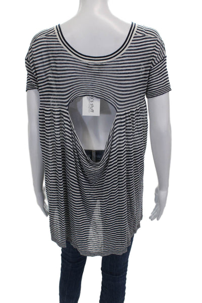 Autumn Cashmere Women Tunic Striped Blue Viscose Short Sleeve Round Neck Size S