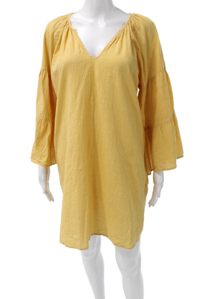 Seafolly Womens Shift Dress Yellow V Neck Long Sleeve Cotton Mini Size XS