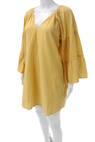 Seafolly Womens Shift Dress Yellow V Neck Long Sleeve Cotton Mini Size XS