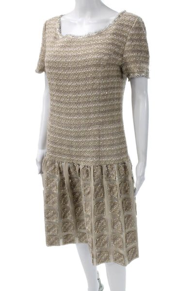 Oscar de la Renta Women Beige Shift Dress Scoop Neck Knee Length Size 10