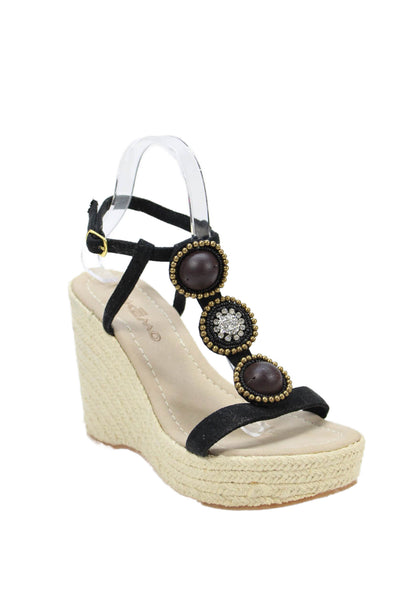 Skemo Womens Wedge Heel Platform Crystal Ankle Strap Sandals Black Suede Size 8