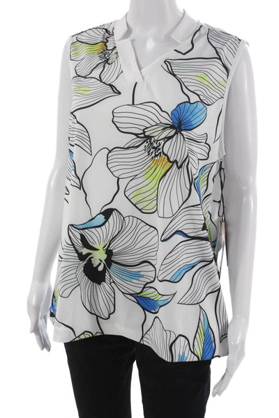 Tail Women Tunic V-Neck Sleeveless Floral White Polyester Pullover Size XL