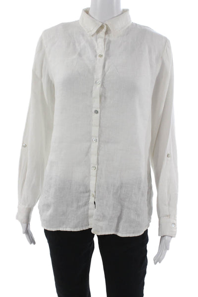Sigrid Olsen Womens Linen Collared Button-Up Top White Long Sleeve Size S