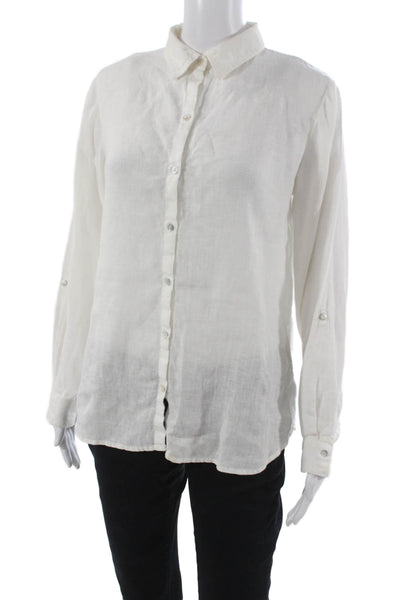 Sigrid Olsen Womens Linen Collared Button-Up Top White Long Sleeve Size S