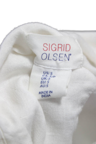 Sigrid Olsen Womens Linen Collared Button-Up Top White Long Sleeve Size S