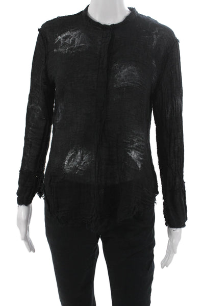 Jaga Women Black Linen Collared Button Long Sleeve Basic Blouse Size M