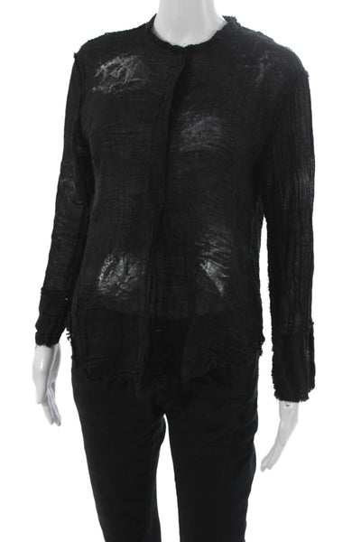 Jaga Women Black Linen Collared Button Long Sleeve Basic Blouse Size M