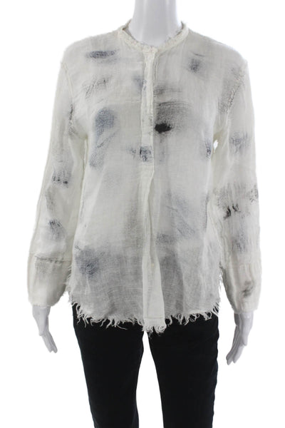 Jaga Womens White Linen Collared Button Geometric Long Sleeve Blouse Size 4