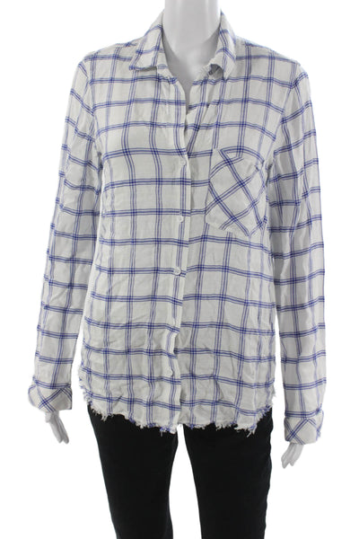 Bella Dahl Women Button Down Plaid Rayon Collared Top White Long Sleeve Size S