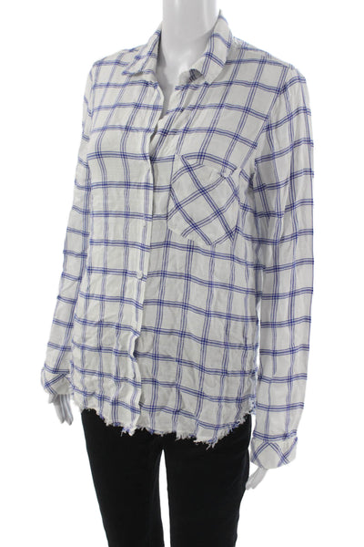 Bella Dahl Women Button Down Plaid Rayon Collared Top White Long Sleeve Size S
