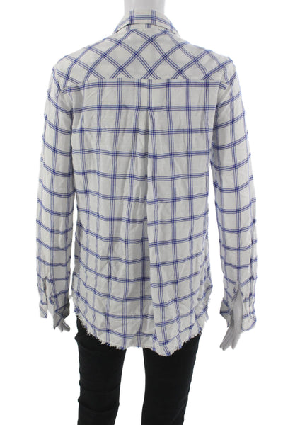 Bella Dahl Women Button Down Plaid Rayon Collared Top White Long Sleeve Size S