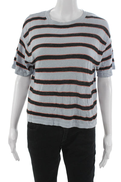 360 Sweater Women Striped Blue Linen Crew Neck Short Sleeve T-Shirt Size S