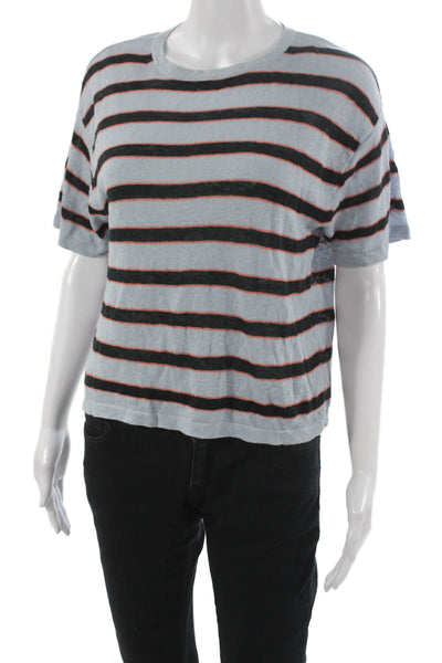 360 Sweater Women Striped Blue Linen Crew Neck Short Sleeve T-Shirt Size S