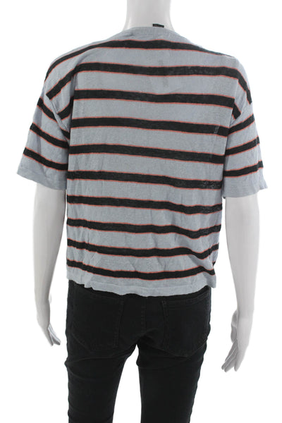 360 Sweater Women Striped Blue Linen Crew Neck Short Sleeve T-Shirt Size S