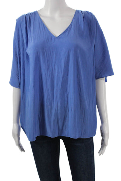 Ramy Brook Women Blue V-Neck Basic Blouse Short Sleeve Polyester Size M