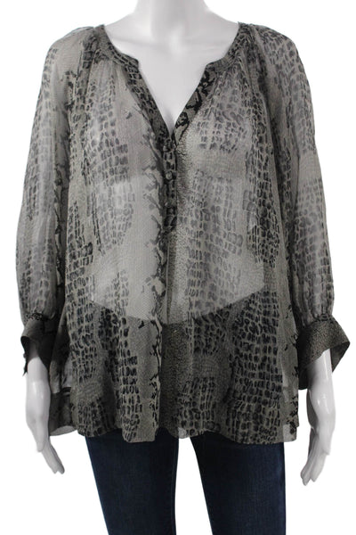 Joie Women Tunic Blouse Vneck Longsleeve Gray Animal Print Silk Size L