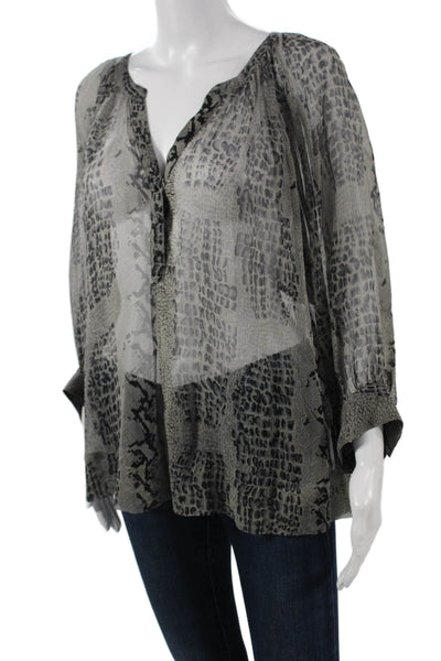 Joie Women Tunic Blouse Vneck Longsleeve Gray Animal Print Silk Size L