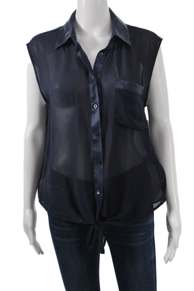 Equipment Femme Women Silk Blue Collared Sleeveless Basic Blouse Size M