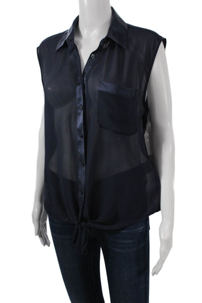 Equipment Femme Women Silk Blue Collared Sleeveless Basic Blouse Size M