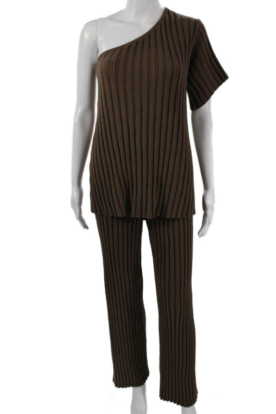 Sabo Womens Striped One Shoulder Cotton Set Brown Short Sleeve Pullover Size 6