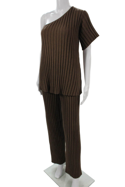 Sabo Womens Striped One Shoulder Cotton Set Brown Short Sleeve Pullover Size 6