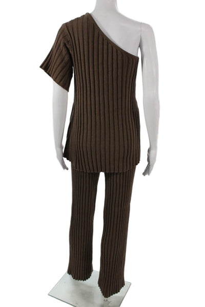 Sabo Womens Striped One Shoulder Cotton Set Brown Short Sleeve Pullover Size 6