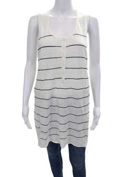 360 Sweater Women White Striped Sleeveless Linen Tunic Scoop Neck Button Size M