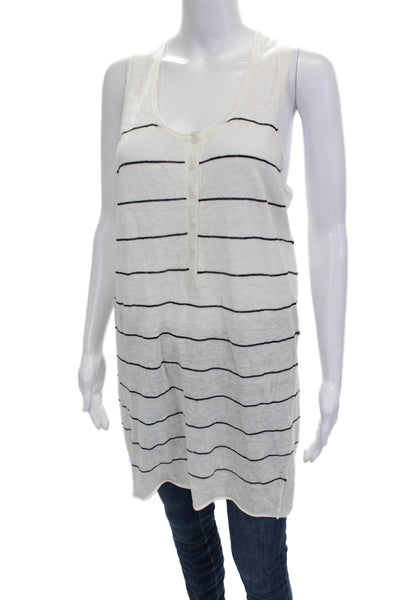 360 Sweater Women White Striped Sleeveless Linen Tunic Scoop Neck Button Size M
