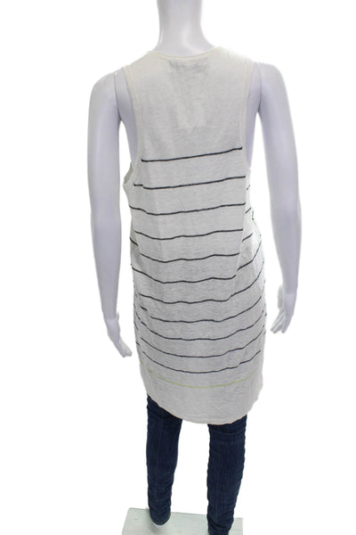360 Sweater Women White Striped Sleeveless Linen Tunic Scoop Neck Button Size M