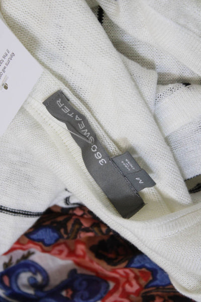360 Sweater Women White Striped Sleeveless Linen Tunic Scoop Neck Button Size M