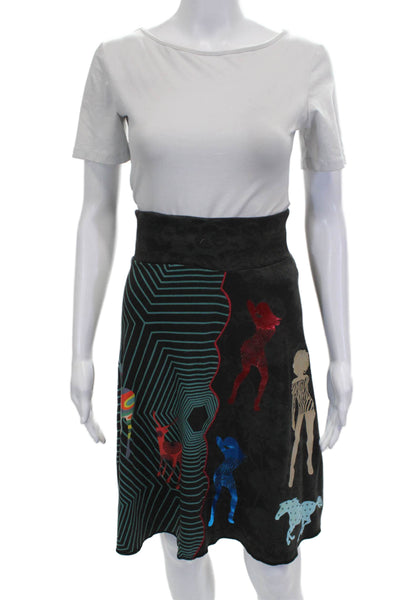 Desigual Womens A-Line Geometric Cotton Knee Length Skirt Black Size M