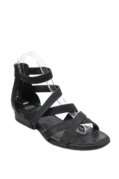 Eileen Fisher Women's Open Toe Strappy Leather Flat Sandals Black Size 7.5