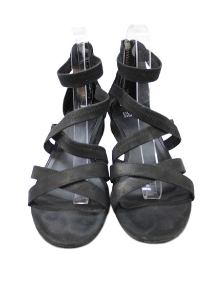 Eileen Fisher Women's Open Toe Strappy Leather Flat Sandals Black Size 7.5