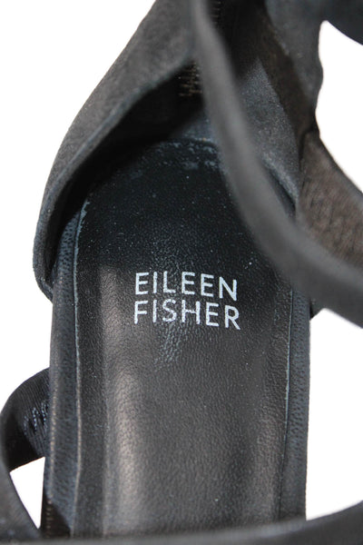Eileen Fisher Women's Open Toe Strappy Leather Flat Sandals Black Size 7.5