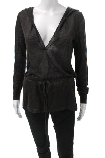 Theory Women Linen V-Neck Long Sleeve Pullover Tunic Black Size S