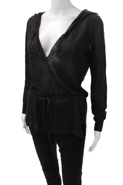 Theory Women Linen V-Neck Long Sleeve Pullover Tunic Black Size S