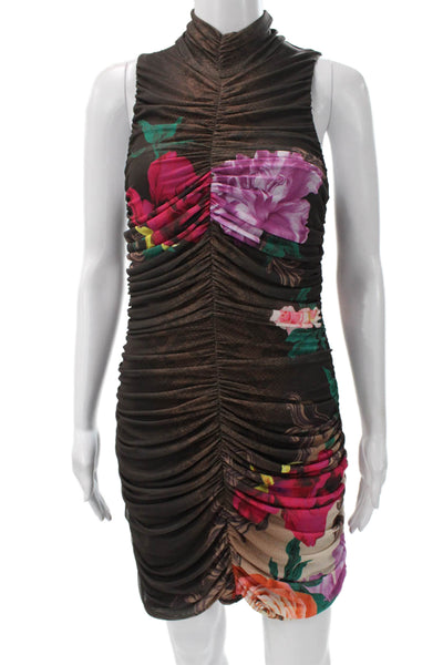 AFRM Womens Bodycon Dress Brown High-Neck Sleeveless Floral Size L