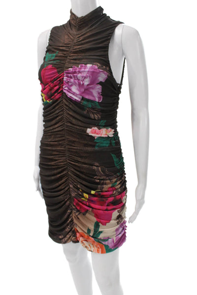 AFRM Womens Bodycon Dress Brown High-Neck Sleeveless Floral Size L
