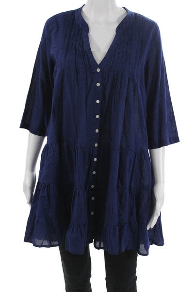 J Crew Women Trapeze Swing Dress Blue Cotton V-Neck 3/4 Sleeve Size S