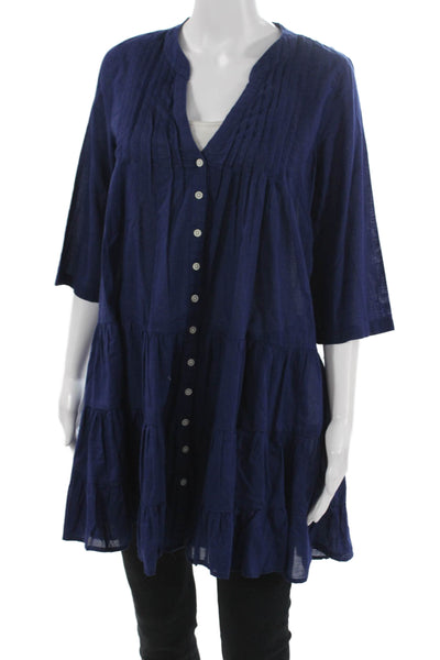 J Crew Women Trapeze Swing Dress Blue Cotton V-Neck 3/4 Sleeve Size S