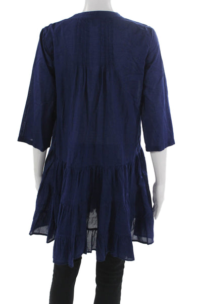 J Crew Women Trapeze Swing Dress Blue Cotton V-Neck 3/4 Sleeve Size S